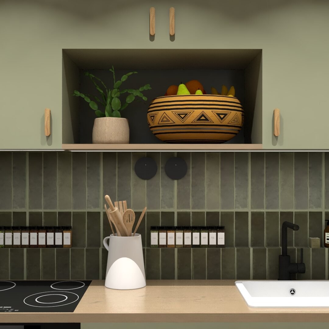 3D rendu réaliste d'une cuisine moderne et ergonomique et fonctionnelle. Cette kitchen est linéaire avec des meubles hauts et caissons intégrés dans des teintes vertes et bois. Le carrelage est harmonieux avec la peinture choisie dans un vert monochrome sur mesure